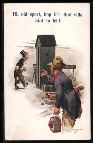 Künstler-AK Douglas Tempest: Elegant gekleideter Mann steht vor einer Latrine und wird von einem anderen beobachtet