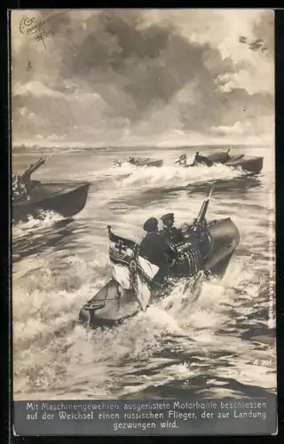Künstler-AK Motorboote mit Maschinengewehren beschiessen einen russischen Flieger