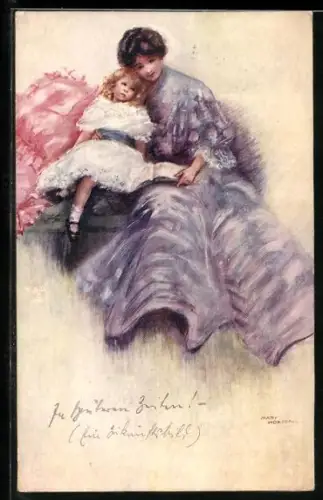 Künstler-AK Mary Horsfall: Elegante Dame liest ihrer Tochter vor