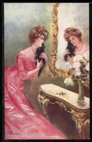 Künstler-AK Mary Horsfall: Hübsche Frau sitzt mit einer schwarzen Katze vor einem Spiegel