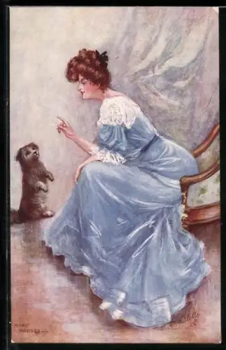 Künstler-AK Mary Horsfall: Hund macht Männchen vor einer hübschen Dame