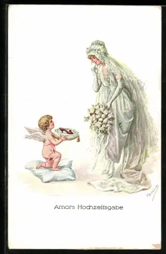 Künstler-AK Friedrich Kaskeline: Amor übergibt einer Braut einen Schuh zur Hochzeit