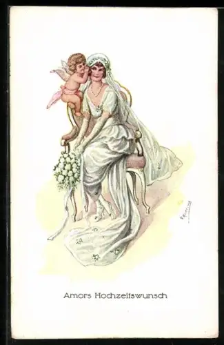 Künstler-AK Friedrich Kaskeline: Amor flüstert einer jungen Braut ins Ohr