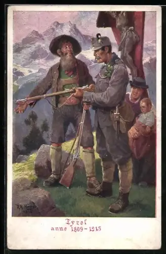 Künstler-AK Rudolf Alfred Höger: Männer in Tracht mit Gewehren neben einem Jesusbild Tyrol anno 1809 - 1915