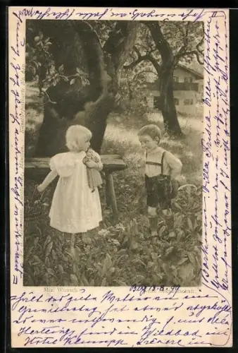 Künstler-AK Mizi Wunsch: Neue Bekanntschaft, Junge und Mädchen begegnen sich im Garten