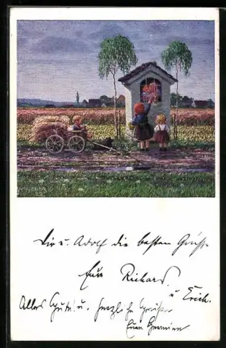 Künstler-AK Josef Madlener: Zwei Kinder stehen an einem Heiligenhäuschen