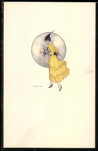 Künstler-AK Tito Corbella: Hübsche Dame im gelben Kleid