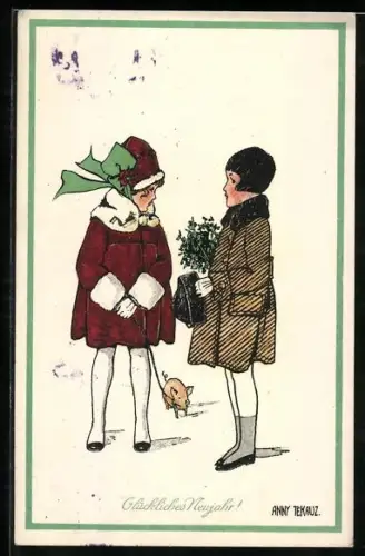 Künstler-AK Anny Tekauz: Mädchen führt ein Schweinchen spazieren
