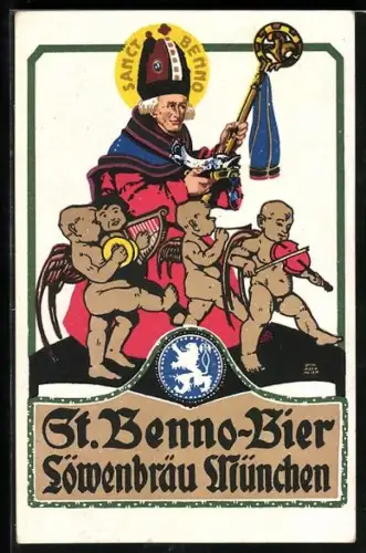 Künstler-AK Otto Obermeier: Brauerei-Werbung, St. Benno-Bier, Löwenbräu München, Mönch mit Stab