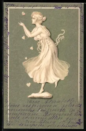 Künstler-AK Meissner & Buch (M&B) Nr. 1069: Wedgewood-Figur, Frau lässt Herzen schweben