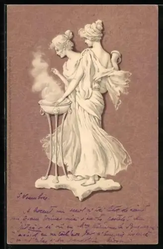 Künstler-AK M. S. M.: 2 Frauen im Gewand stehen an dampfender Schale