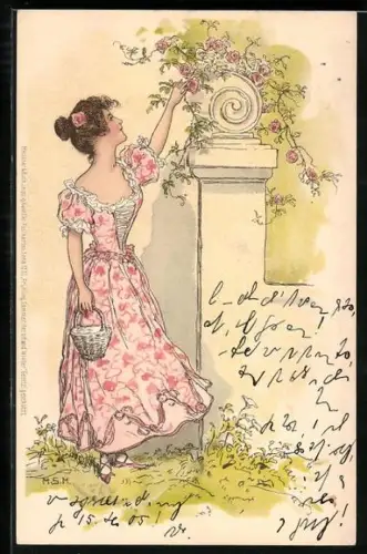 Künstler-AK M. S. M.: Hübsche junge Dame berührt Rosen im Garten