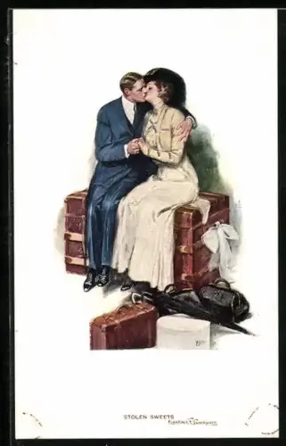 Künstler-AK Clarence F.Underwood: Stolen Sweets, Liebespaar sitzt auf der Truhe und küsst sich