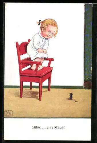 Künstler-AK John Wills: Kleines Mädchen fürchtet sich vor einer Maus