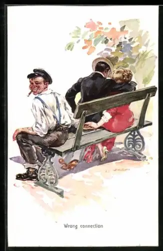 Künstler-AK Luis Usabal: Grinsender Mann hält die Hand einer Dame, die in den Armen eines anderen liegt