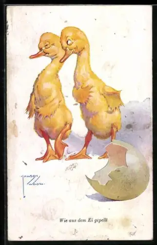 Künstler-AK Lawson Wood: Zwei Küken stehen lächelnd beieinander