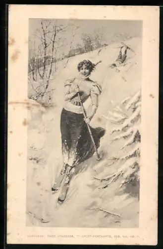 Künstler-AK Theo Stroefer Serie Nr.: Lächelnde Dame beim Skifahren