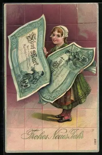 Lithographie Mädchen mit Geldscheinen