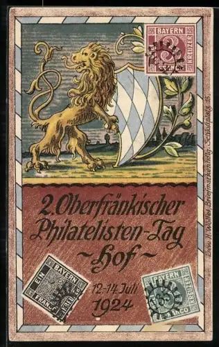 Künstler-AK Hof /Saale, 2. Oberfränkischer Philatelisten-Tag 1924, Löwe mit Wappen