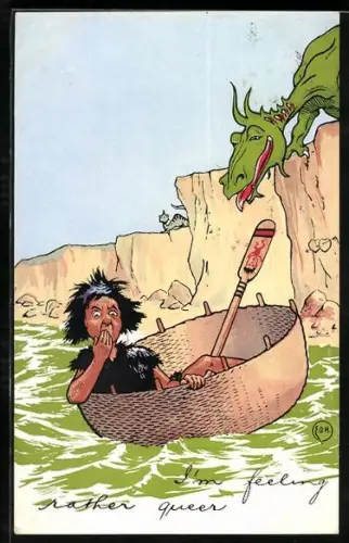 AK Einheimischer im Rundboot flüchtet vor Sauriern aufs Wasser