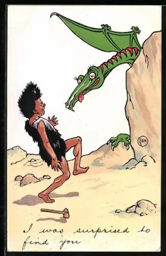 Künstler-AK Steinmensch erschrickt vor einem Drachen