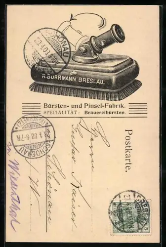 AK Breslau, R. Burrmann, Bürsten- und Pinsel-Fabrik, Specialität Brauereibüsten, Reklame