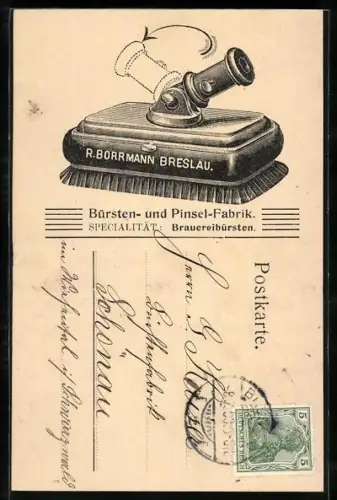 AK Breslau, R. Burrmann, Bürsten- und Pinsel-Fabrik, Specialität Brauereibüsten, Reklame