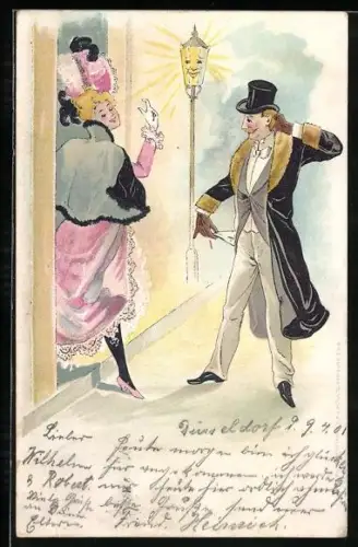 AK Frau im rosa Kleid und elegant gekleideter Herr treffen sich bei einer Gaslaterne