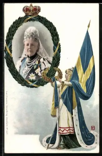 AK Königin Sophia von Schweden im gekrönten Medaillon, schwedische Fahne