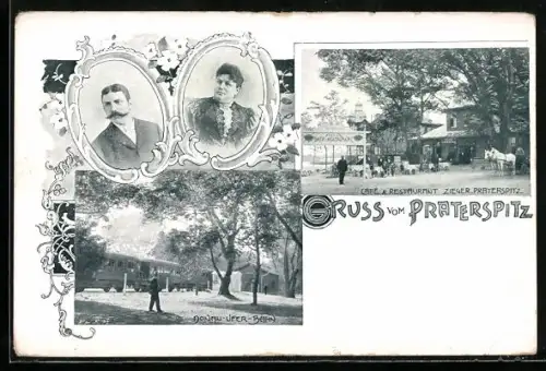 AK Wien, Cafe-Restaurant Zieger Praterspitz, Wirtspaar, Donau-Ufer-Bahn