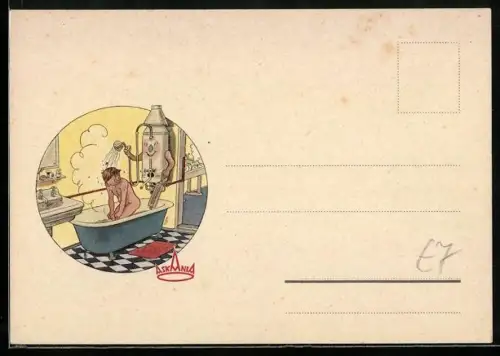 AK Junge beim Duschen in einer Badewanne, Reklame für Askania-Boiler