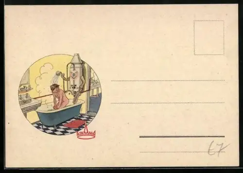 AK Junge beim Duschen in einer Badewanne, Reklame für Askania-Warmwasserbereiter