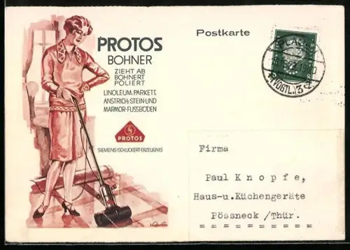 AK Junge Frau beim Bohnern des Fussbodens, Reklame für Protos Bohner von Siemens-Schuckert