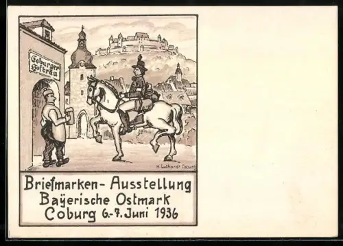 Künstler-AK Coburg, Briefmarken-Ausstellung Bayerische Ostmark 1936, Coburger Hofbräu