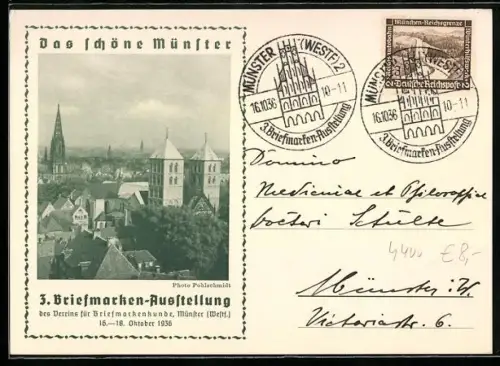 AK Münster, 3. Briefmarken-Ausstellung 1936, Verein für Briefmarkenkunde, Panorama von Münster