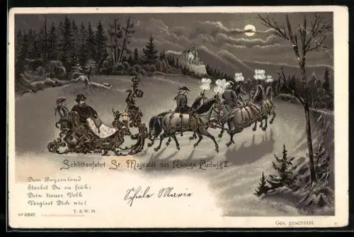 Lithographie König Ludwig II. von Bayern, Schlittenfahrt Sr. Majestät