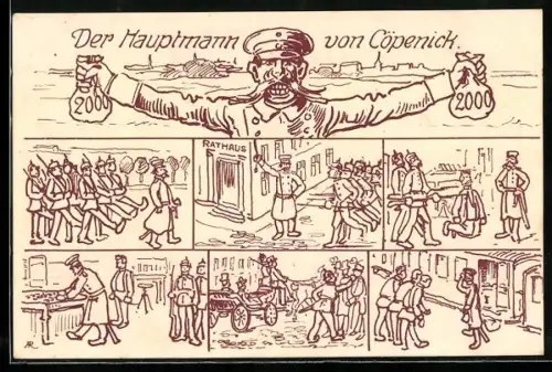 AK Berlin, Der Hauptmann von Köpenick mit den Geldsäckchen