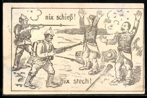 AK Deutsche Infanteristen nehmen im 1. Weltkrieg französische Soldaten gefangen, Humorkarte