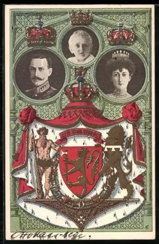 AK Portraits des norwegischen Herrscherpaares mit Kronprinzen, Wappen im Passepartout