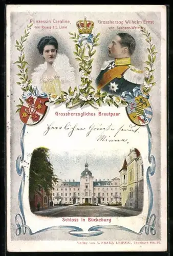AK Bückeburg, Schloss, Grossherzogl. Brautpaar, Prinzessin Caroline von Reuss, Grossherzog Wilhelm Ernst