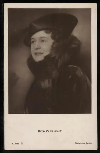 AK Rita Clermont mit Hut und Pelzkragen
