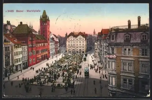 AK Basel, Marktplatz mit Kaffeerösterei und Strassenbahn