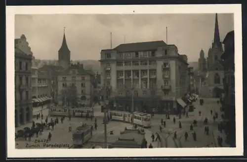 AK Zürich, Paradeplatz mit Strassenbahn