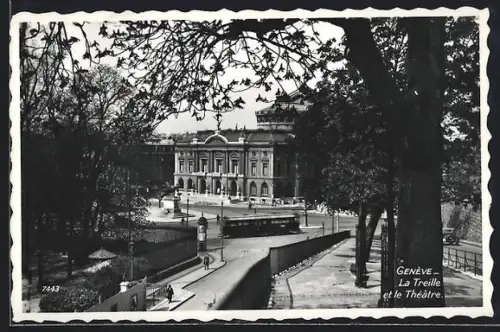 AK Genève, La Treille et le Théâtre, Strassenbahn