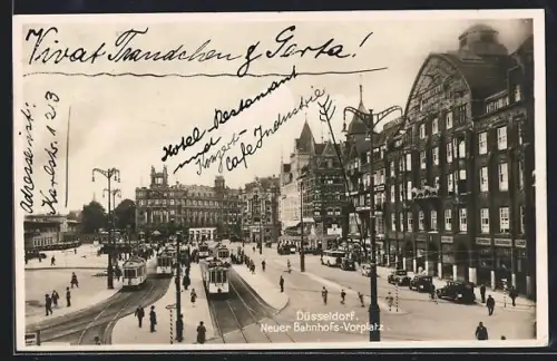 AK Düsseldorf, Neuer Bahnhofs-Vorplatz mit Strassenbahn