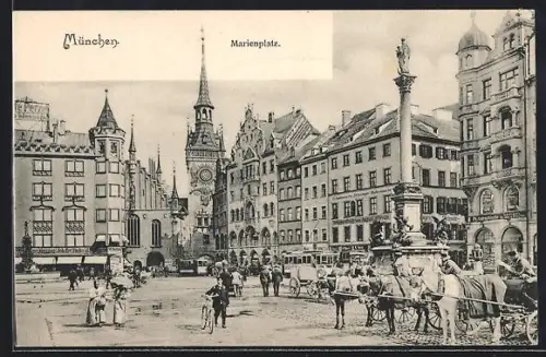 AK München, Strassenbahnverkehr auf dem Marienplatz