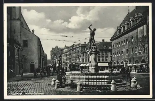 AK Augsburg, Strassenpartie mit Merkurbrunnen und Strassenbahn