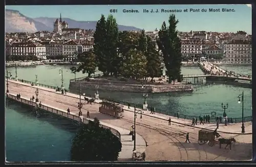 AK Genève, Ile J. J. Rousseau et Pont du Mont Blanc, Strassenbahn