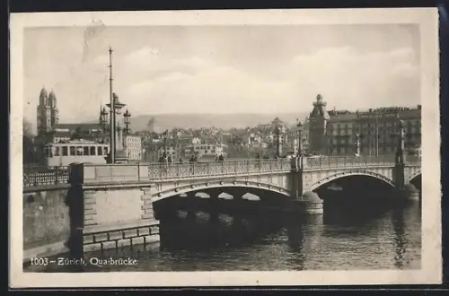 AK Zürich, Quaibrücke mit Strassenbahn
