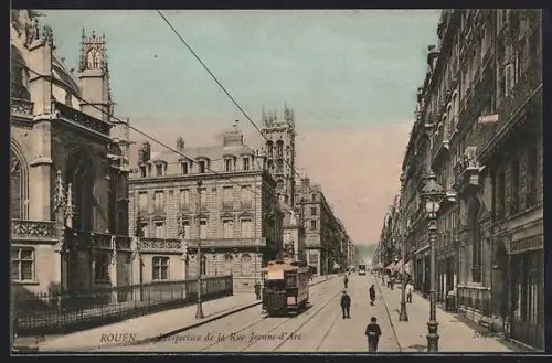 AK Rouen, perspective de la rue Jeanne d'Arc, Strassenbahn